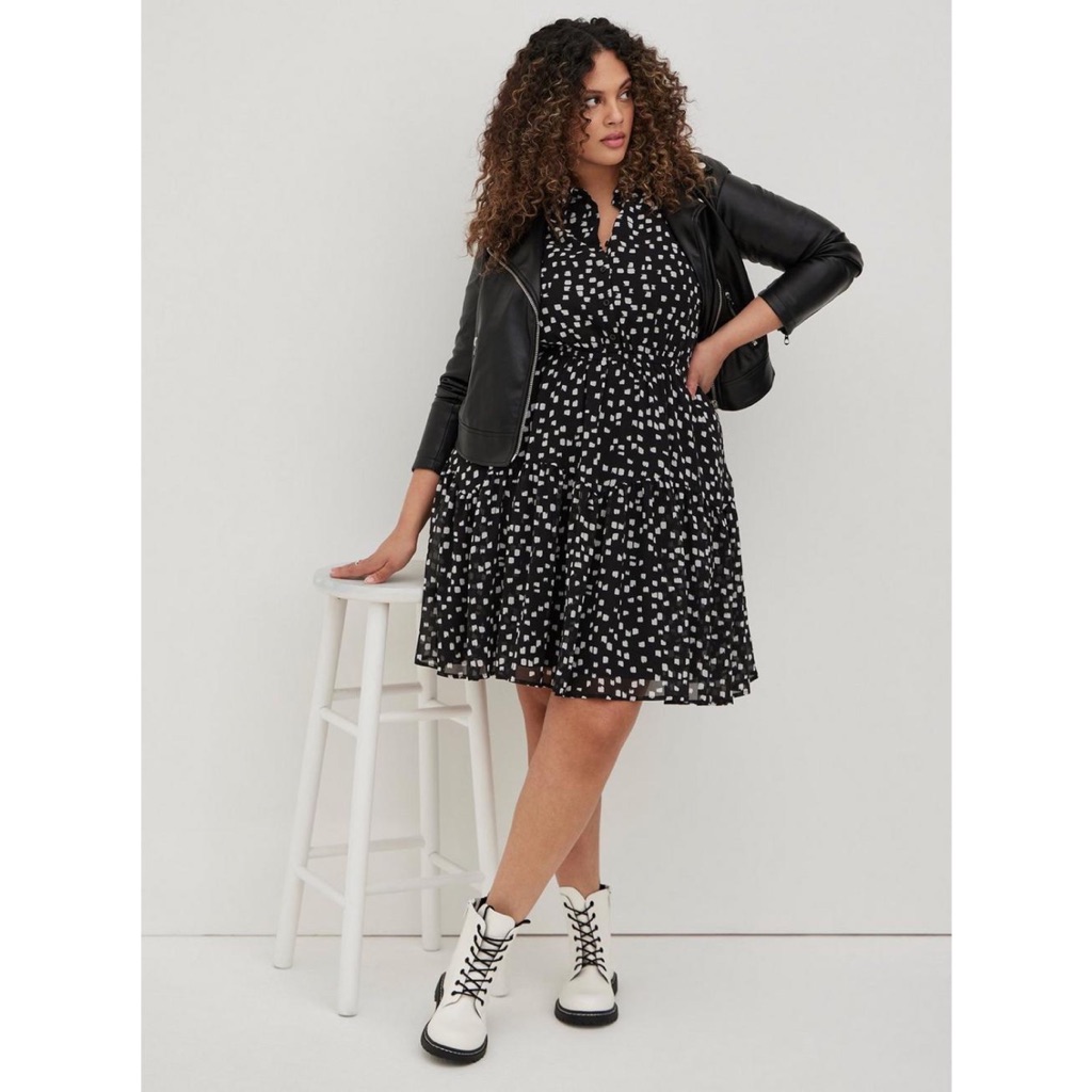 Torrid Tiered Mini Skater Dress Chiffon Strokes Black Sz 1x